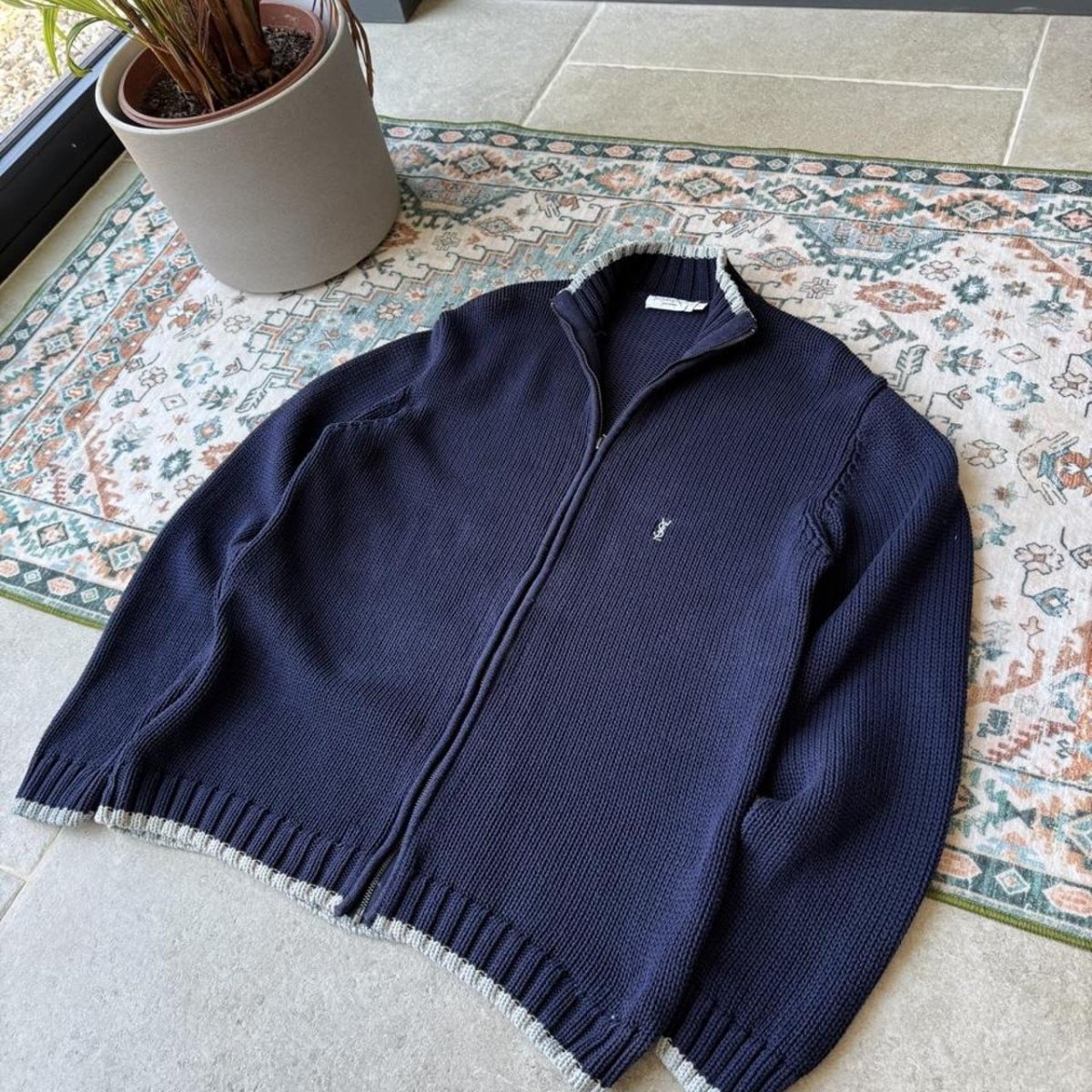 Yves Saint Laurent YSL Embroidered Thick Knitted Full Zip Medium - Threads Uncovered