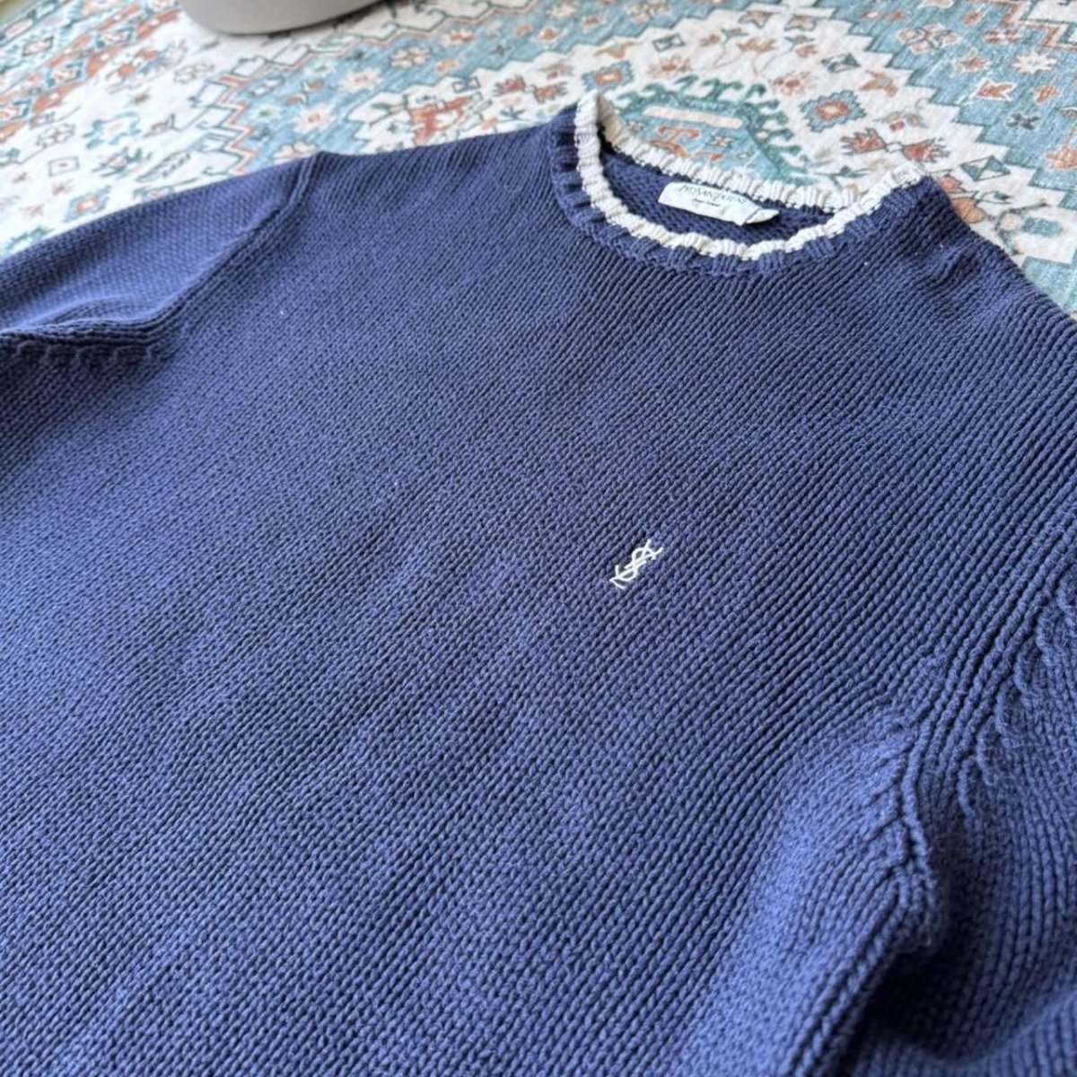Yves Saint Laurent YSL Embroidered Thick Knitted Navy Sweatshirt with White trim M - Threads Uncovered