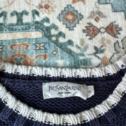 Yves Saint Laurent YSL Embroidered Thick Knitted Navy Sweatshirt with White trim M - Threads Uncovered