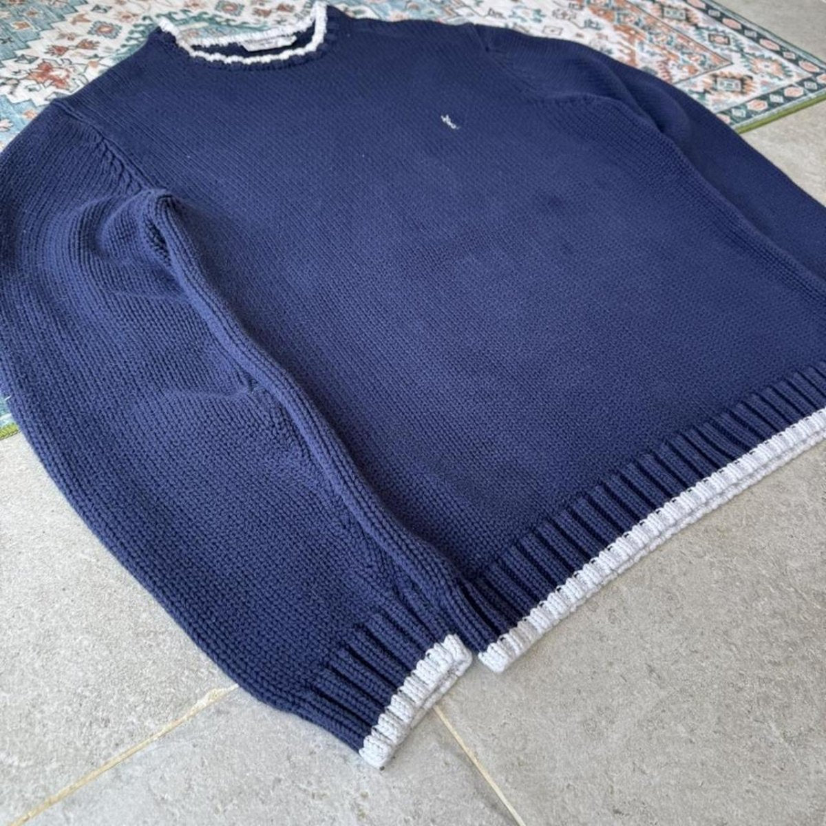 Yves Saint Laurent YSL Embroidered Thick Knitted Navy Sweatshirt with White trim M - Threads Uncovered