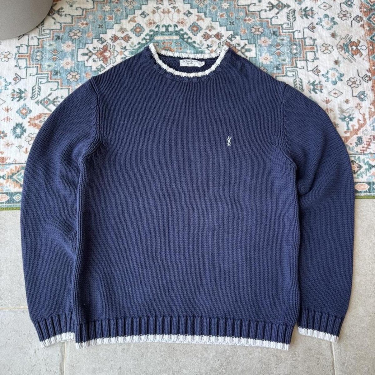Yves Saint Laurent YSL Embroidered Thick Knitted Navy Sweatshirt with White trim M - Threads Uncovered