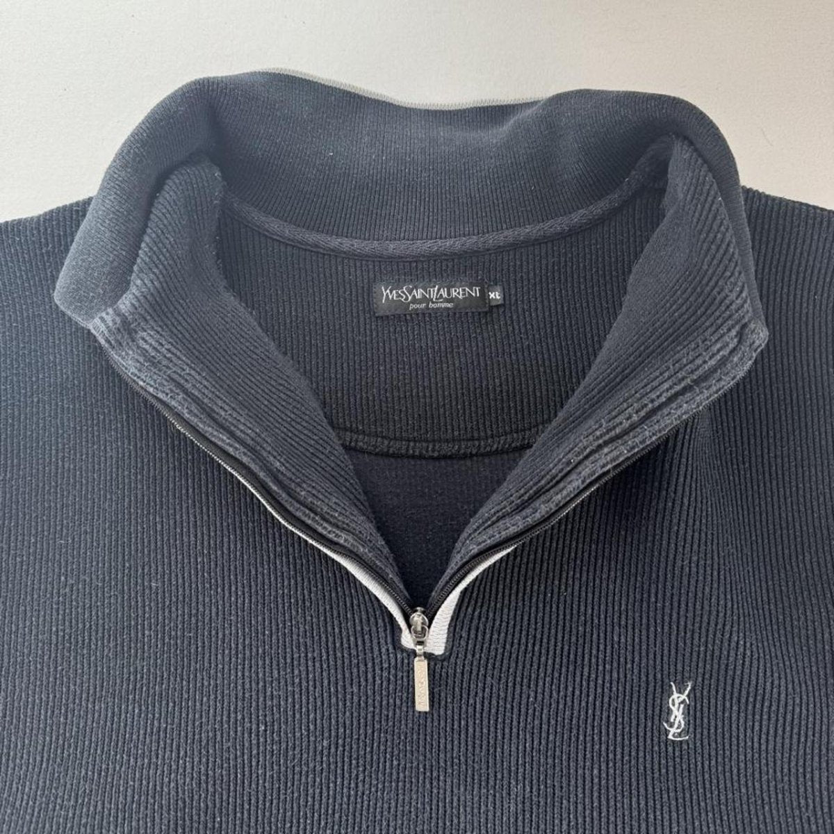 Yves Saint Laurent YSL Embroidered Thick Ribbed Quarter Zip XL - Threads Uncovered