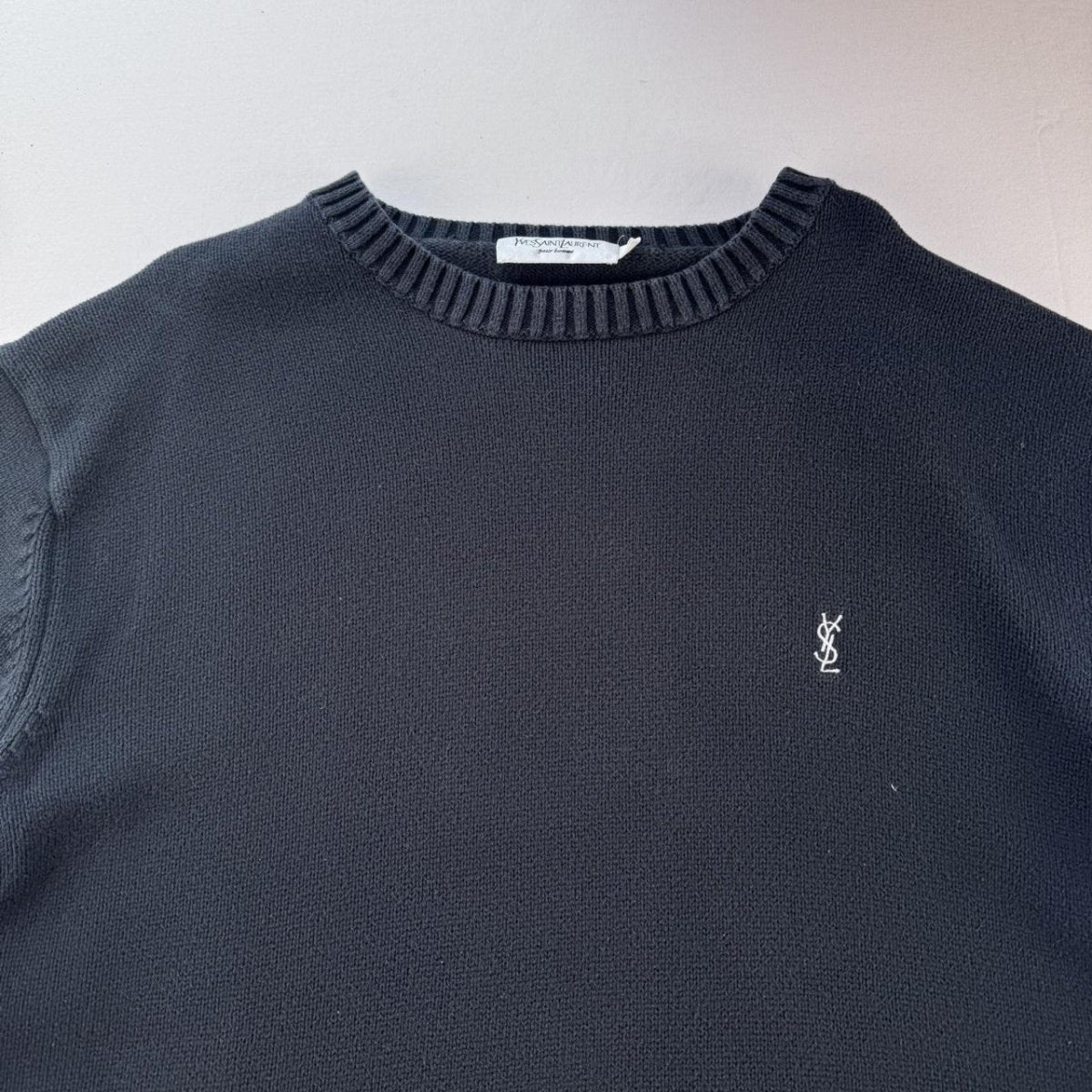 Yves Saint Laurent YSL Thick Embroidered Black Knitted Crewneck M - Threads Uncovered