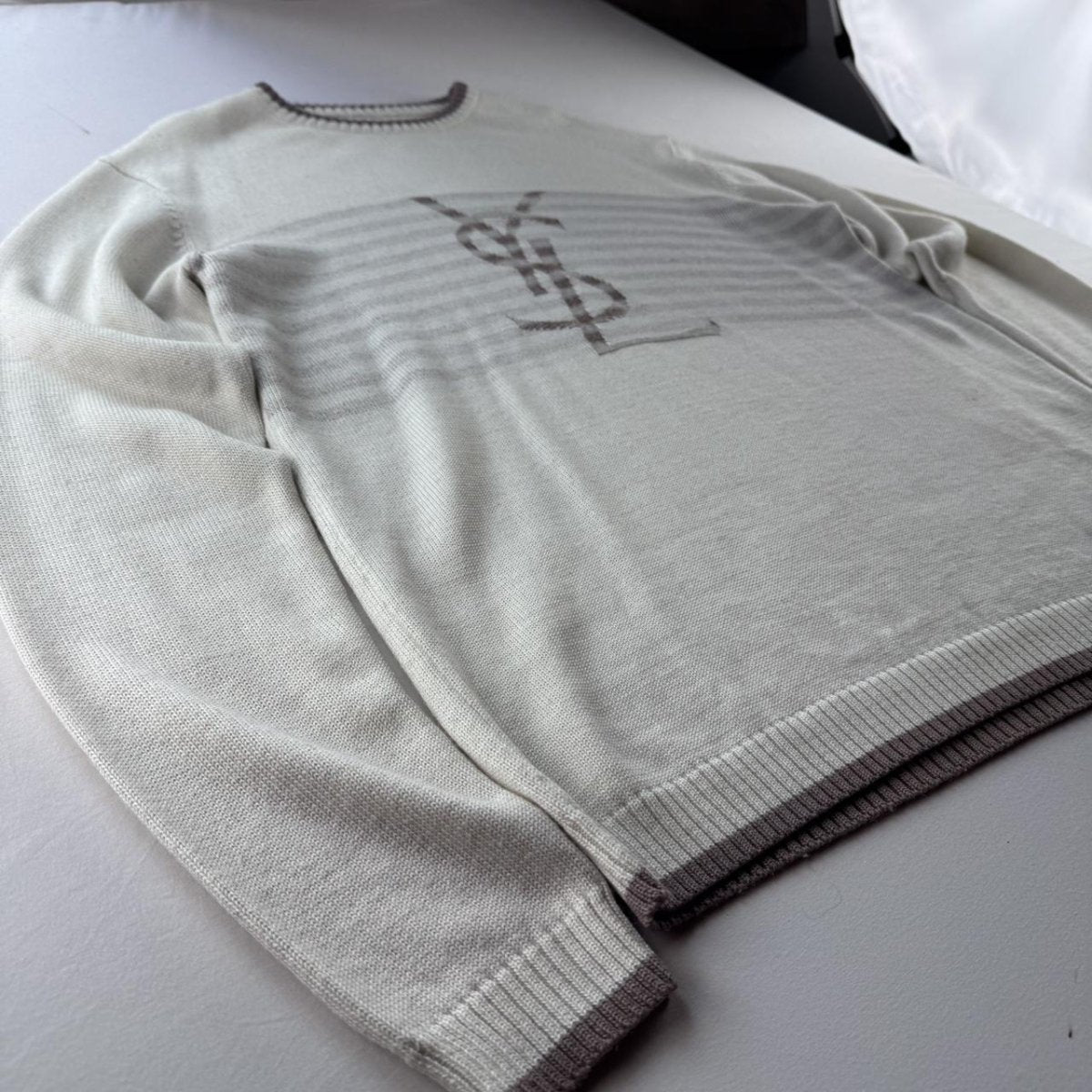 Yves Saint Laurent YSL Wool Blend Cream and Brown Knitted Jumper L - Threads Uncovered