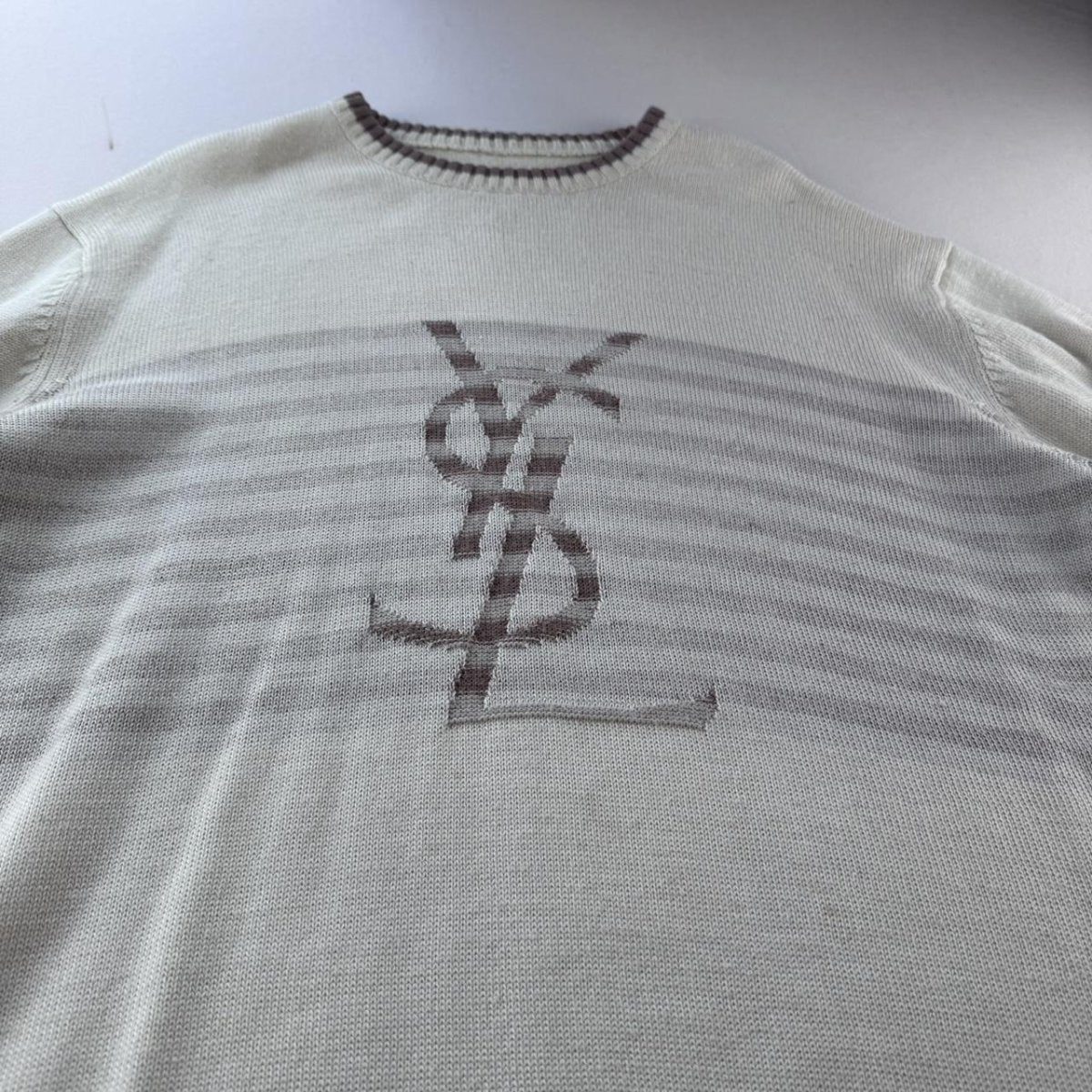 Yves Saint Laurent YSL Wool Blend Cream and Brown Knitted Jumper L - Threads Uncovered
