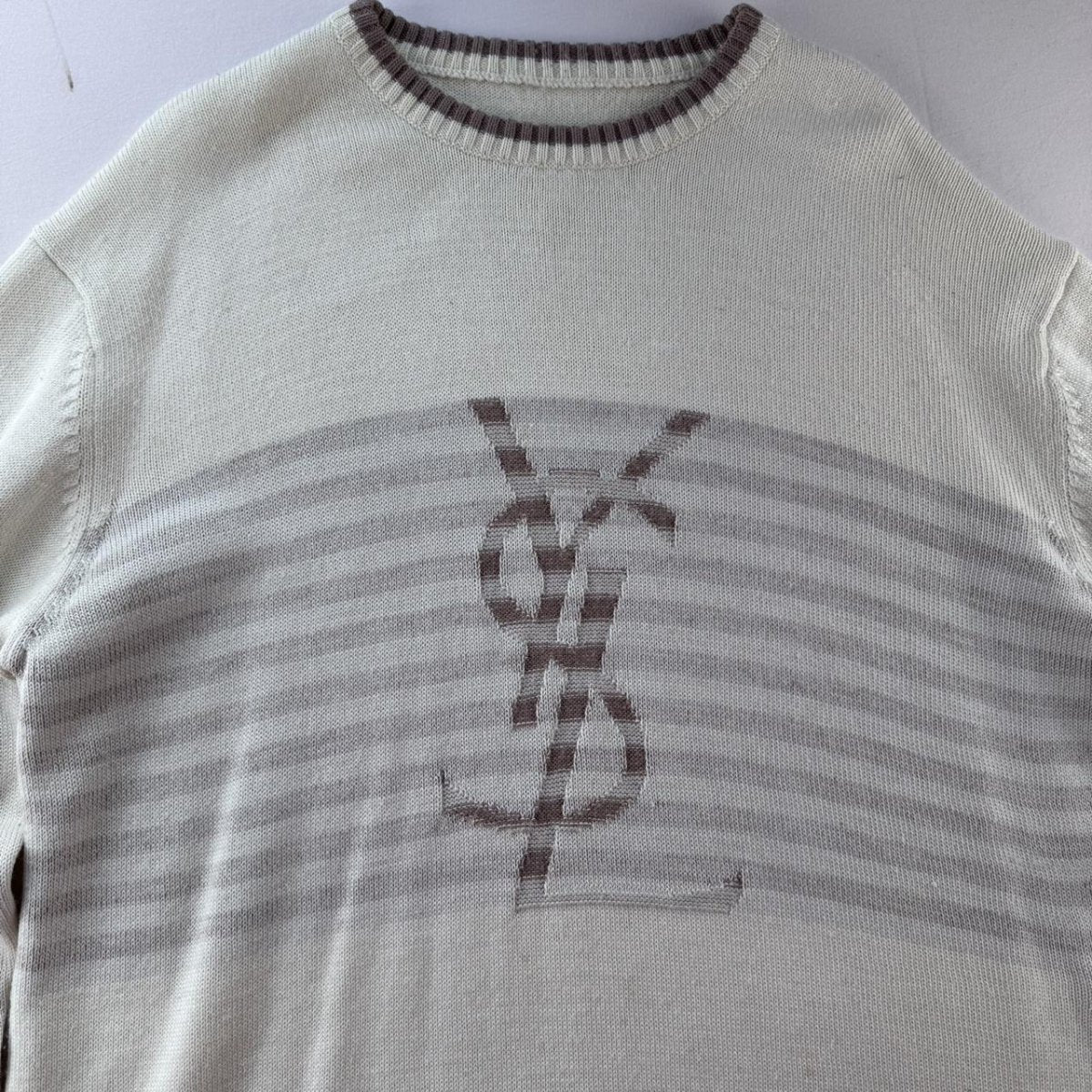 Yves Saint Laurent YSL Wool Blend Cream and Brown Knitted Jumper L - Threads Uncovered