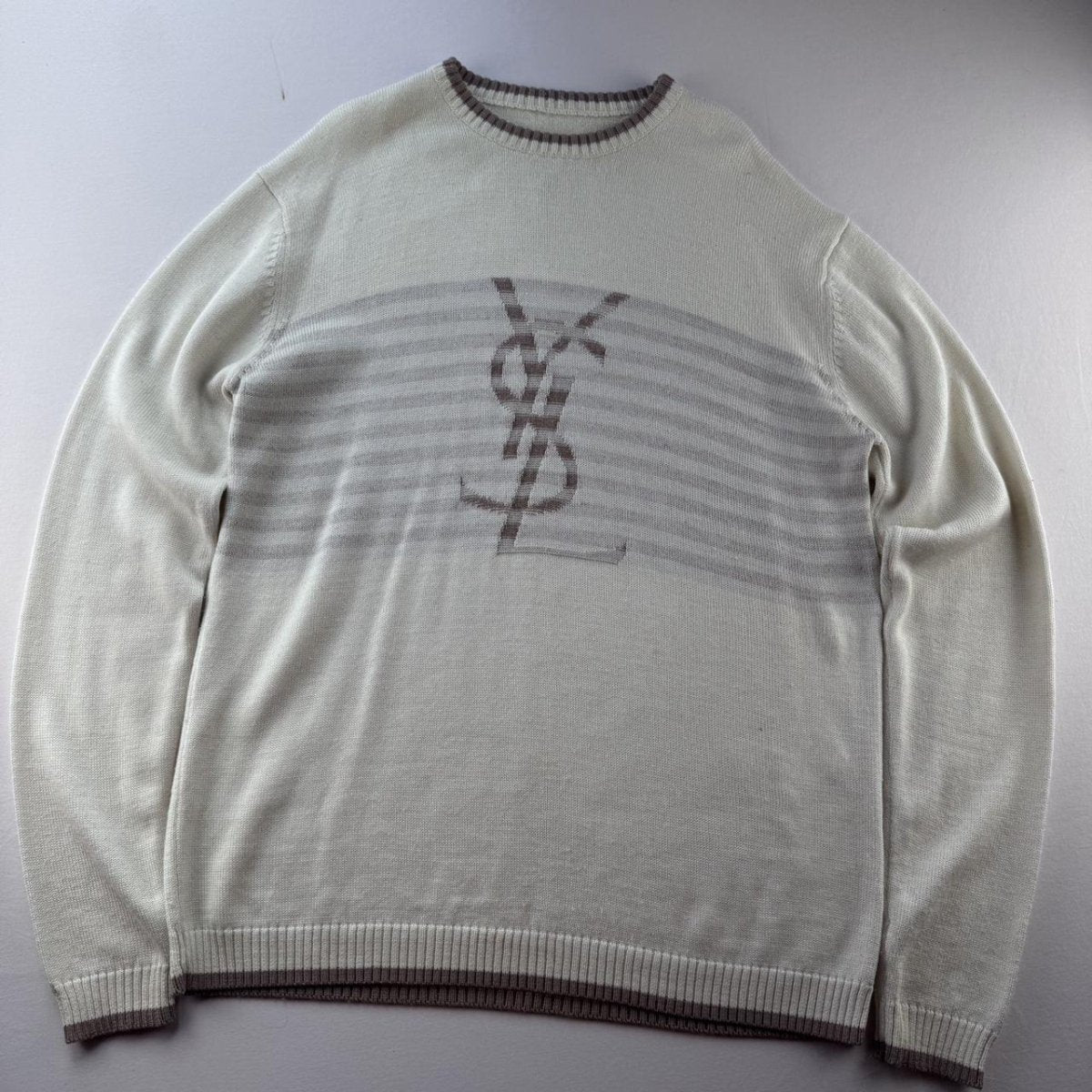 Yves Saint Laurent YSL Wool Blend Cream and Brown Knitted Jumper L - Threads Uncovered